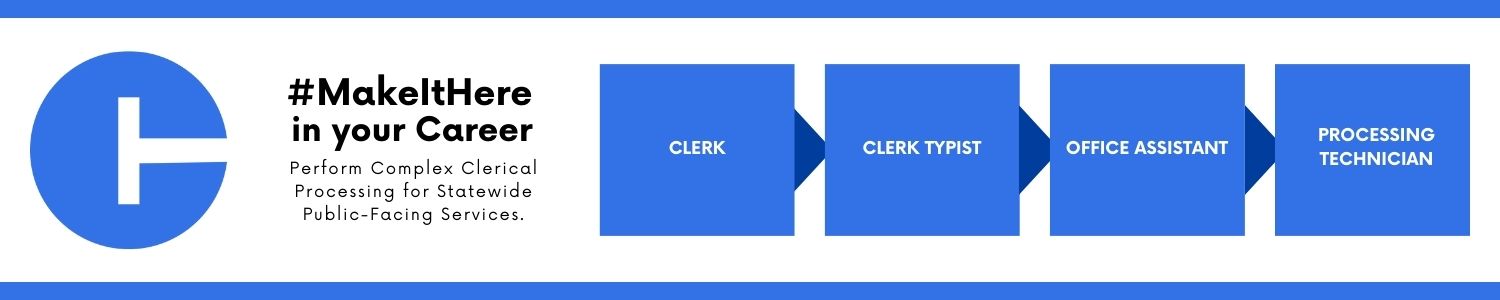Career progression pathway within the State of Connecticut: starting with Clerk, advancing to Clerk Typist, then Office Assistant, and ending at Processing Technician.